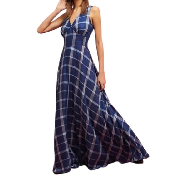 Harshman Dress Medium Petite Rainer Blue Plaid Flowly Maxi $524 NWT - Picture 1 of 6